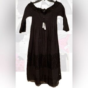 NWT Max Studio London Embroidered Peasant Lace Off Shoulder Black Midi Dress XS